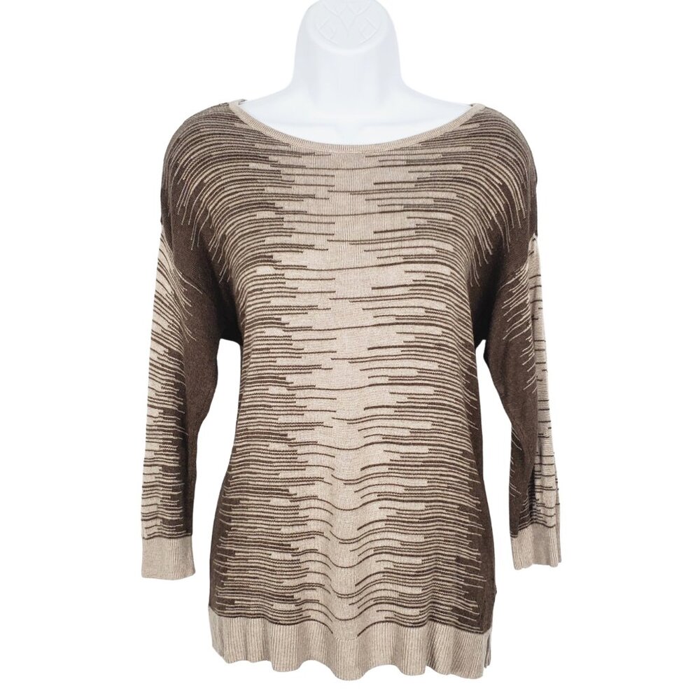 New York & Co Striped Tunic Knit Sweater Tan Brown Women's Medium Long Sleeve